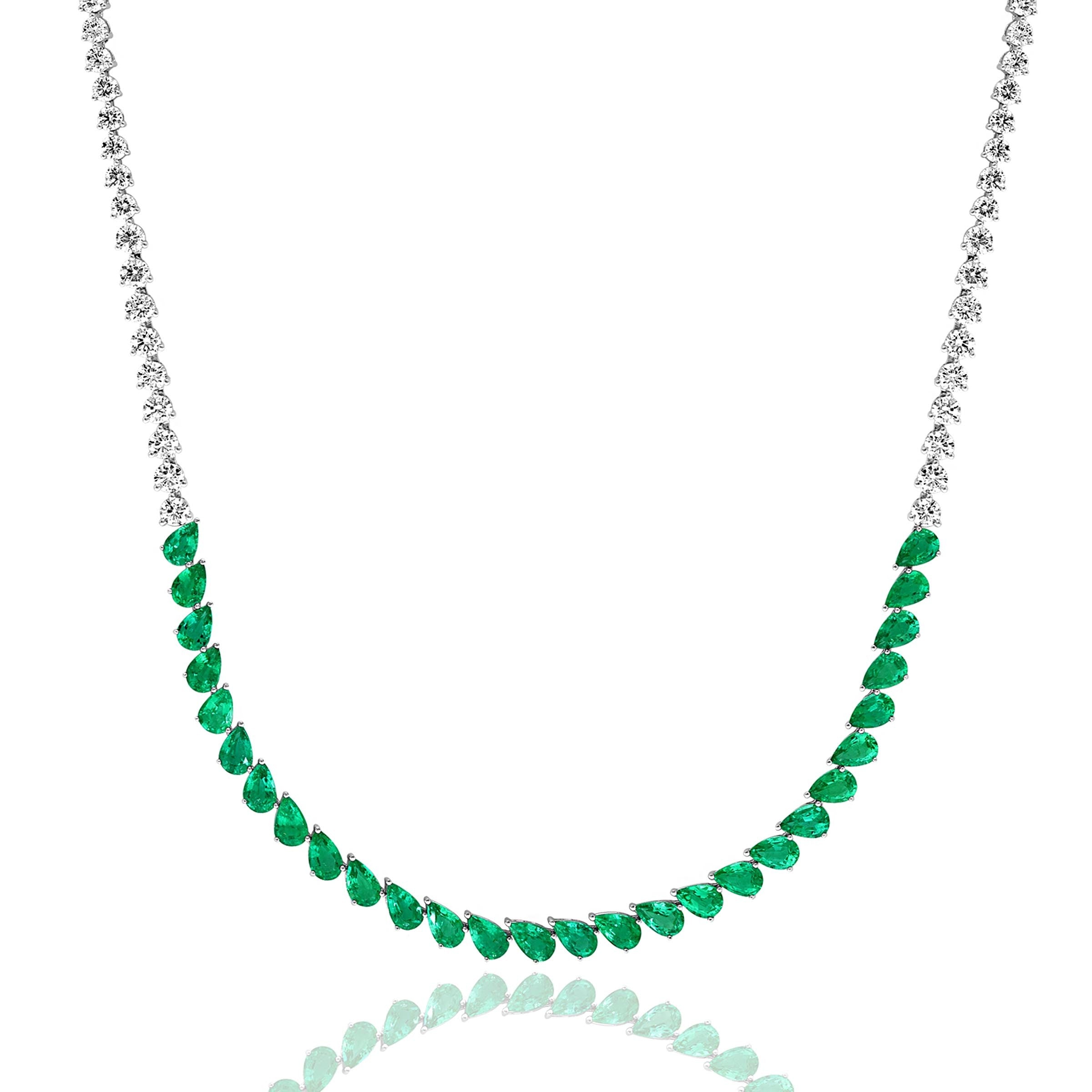 Pear Emerald and Round Diamond Necklace